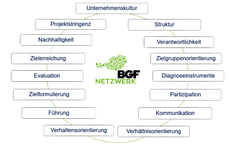 Unternehmenskultur, Struktur, Verantwortlichkeit, Zielgruppenorientierung, Diagnoseinstrumente, Partizipation, Kommunikation, Verh&auml;ltnis- und Verhaltensorientierung, F&uuml;hrung, Zielformulierung, Evaluation, Zielerreichung, Nachhaltigkeit, Projektstringenz