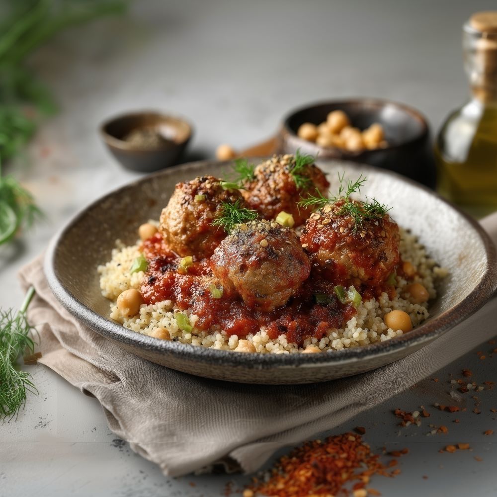 Mehr Informationen zum Thema: Fleisch&shy;­bällchen auf medi&shy;terraner Tomaten&shy;­sauce und Kicher­erbsen-Bulgur